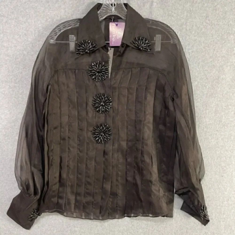 The Line Truong Anh Vu Women's Long Sleeve Sheer Blouse Black Bling M NWT Many p